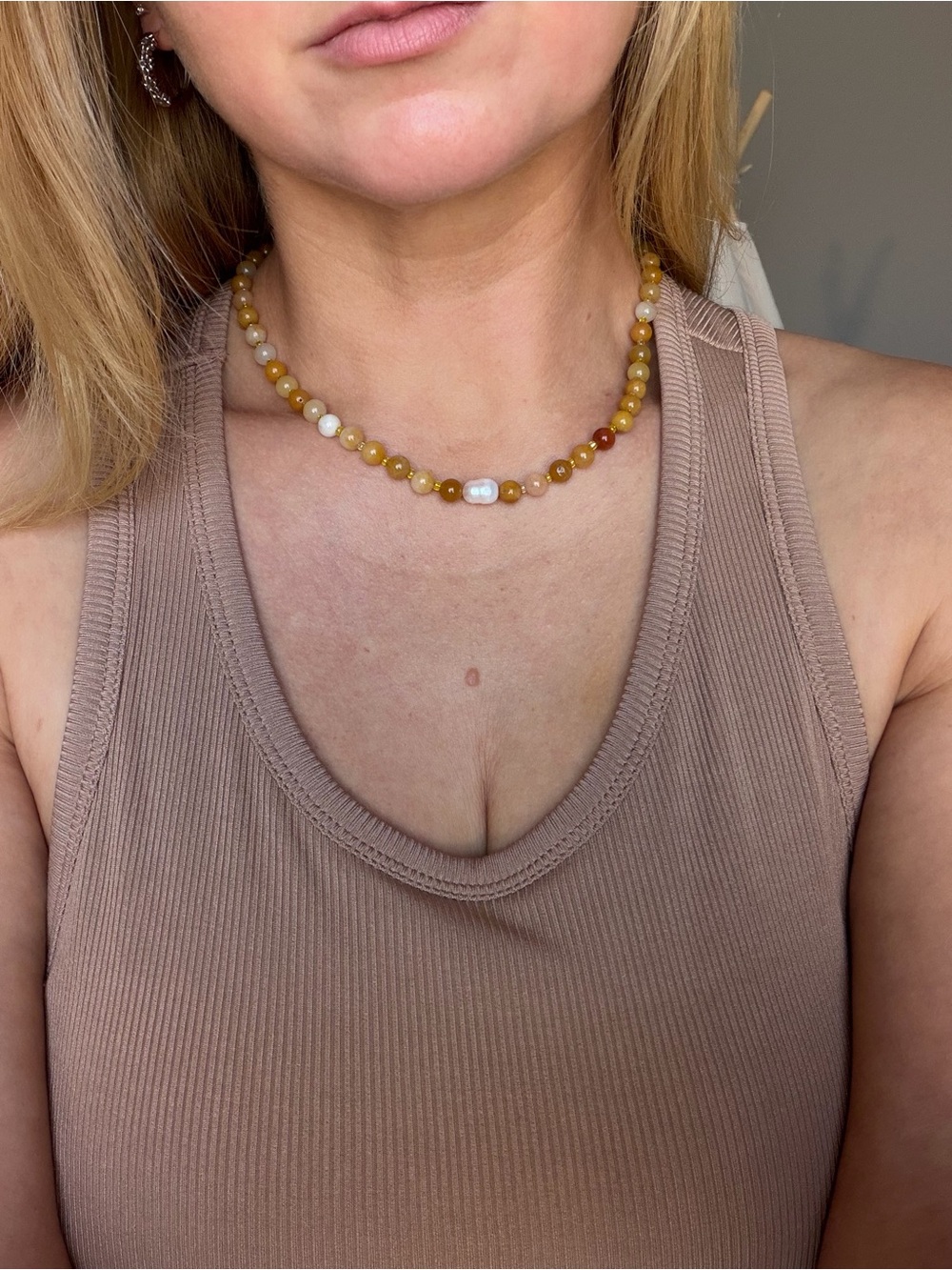 Beaded Yellow Agate Necklace with Center Pearl Accent